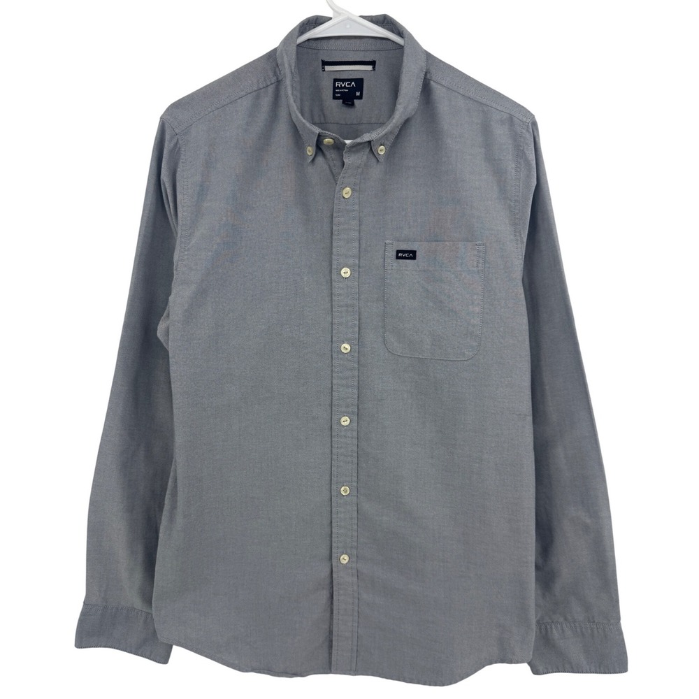 RVCA Mens Slim Fit Oxford Button Down Shirt Grey Long Sleeve‎ Size M Stained